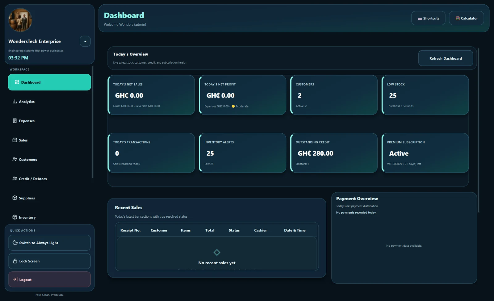 WondersTech POS dashboard in dark mode