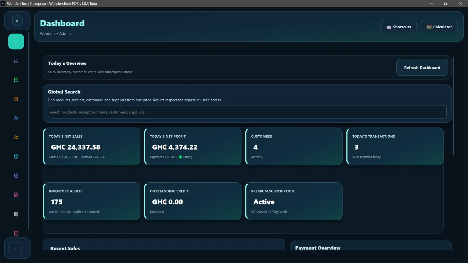WondersTech POS dashboard showing sales, profit, customer, inventory and subscription overview