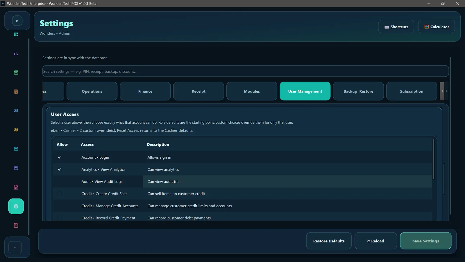 WondersTech POS per-user access controls