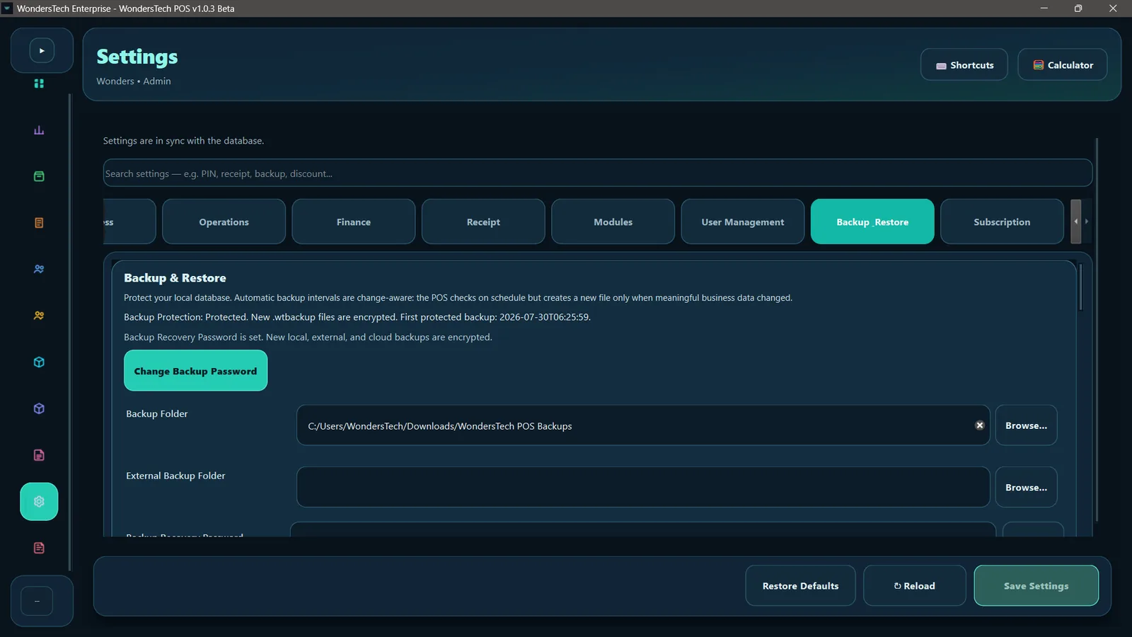 WondersTech POS encrypted backup and restore settings