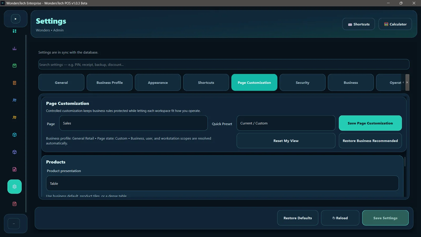 WondersTech POS Page Customization settings